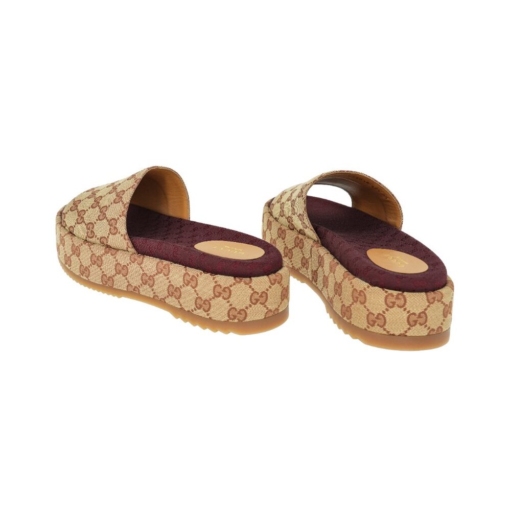 Gucci Beige Monogram Platform Slide Sandals with Burgundy Insole - Picture 3 of 16